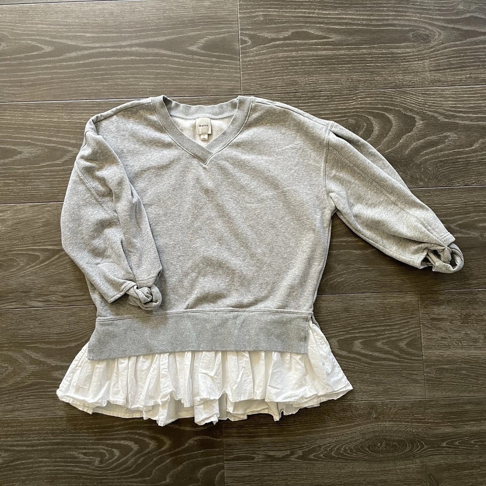 Womens S MAEVE Anthropologie Gray V-Neck Twofer Pullover Sweatshirt White Boho - Picture 2 of 12